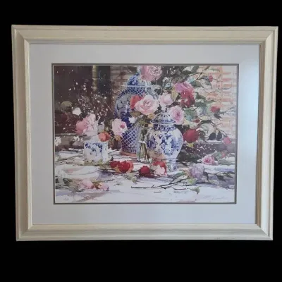A Framed Print " A Blush Of Roses" Watercolor Signed M. Simandle