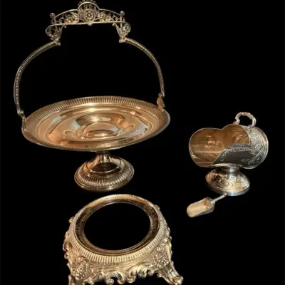 Vintage Silver Plate Bride’s Basket, Sugar Scuttle, And Ornate Chafing Dish Holder