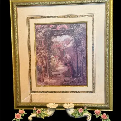 The Little Gardener Reproduction Print (27x29.5”) W/ 6 Piece Dresden Candleholders And Roses 