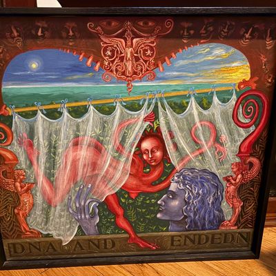The Veil Lifted, original painting, tempura on board by Chicago outsider artist James Mesple
