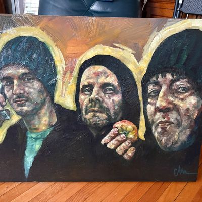 Original oil painting on canvas depicting three figures in dark hoods or beanies, rendered in a textured, expressive style with warm...