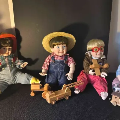 5 Bisque Boy Dolls: Fire Chief, Pilot, Farmer