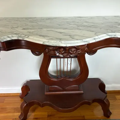 Victorian Empire Style Lyre Marble Console Table
