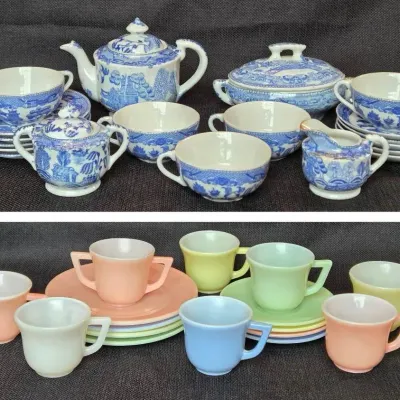 Vintage Children's Tea Sets: Pastel Milk Glass & Japanese "Blue Willow"