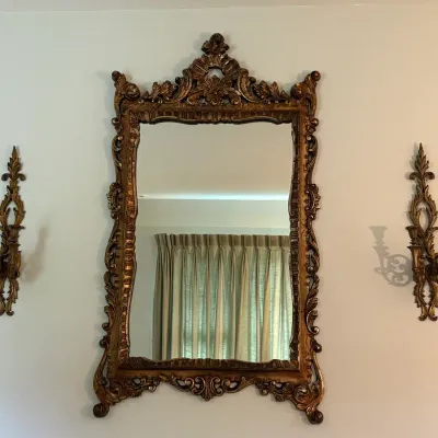 Large Ornate Wall Mirror & Pair of Sconces