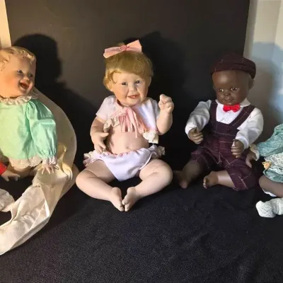 5 Bisque Porcelain Baby Dolls, Baseball Boy, Bonnet Girl