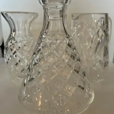 Vintage Waterford Crystal small handled pitcher, vase, and decanter with faceted stopper