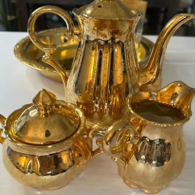 Vintage Amber- colored Tea Set And Tray, gold Floral