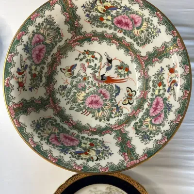 Vintage Decorative Rose Canton Bowl And French Limoges-style porcelain decorative cabinet plate