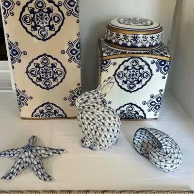 Ceramic canisters or ginger jars and bunny, starfish and seashell decor