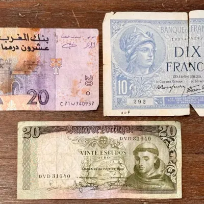 Foreign Paper Currency - 1964 Portugal - Moroccan 20 Dirhams - 10 Francs Bank Note -