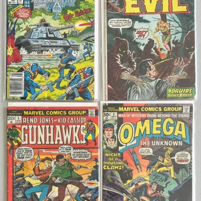 
(4) Marvel Comics - G.i. Joe 5 1988, Vault Of Evil 20 1975, Omega 4 1976, Gunhawks 1 1972