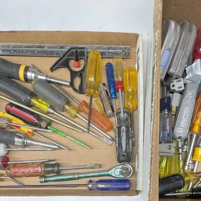 Lot Of Assorted Hand Tools - Wire Cutters, Chalk Lines, Screwdrivers, Ratchet, And More