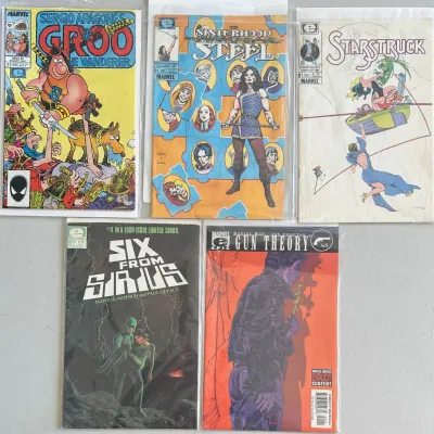 (5) Marvel Epic Comics - Groo 1987, Sisterhood Steel 1985, Starstruck 1986, Gun Theory