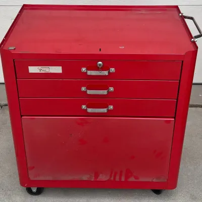
Vintage Guardian Power Products Red Metal Toolbox On Castors With Key