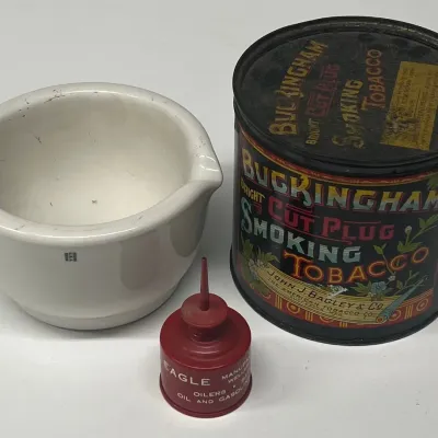 
Vintage Coors USA 52014 Apothecary Mortar Bowl, Eagle Mfg Oil Spout, & A Buckingham Tobacco Tin