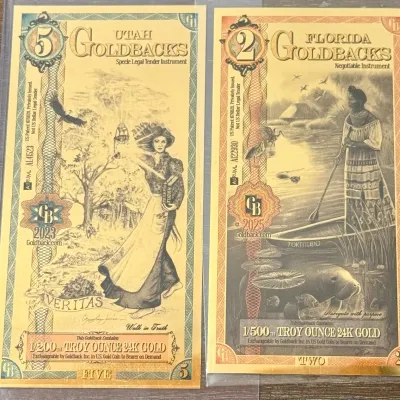 2023 Utah 5 Goldback & 2 Florida Goldback 24k Gold Backed Currency Notes
