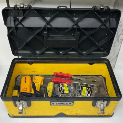 
Stanley Plastic Tool Box With Contents - Clips, Stud Finders, Rivets
