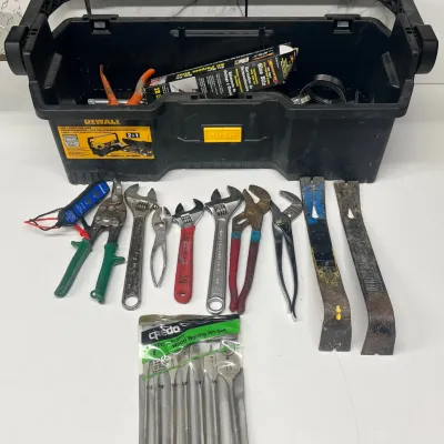 
DeWalt 24" Plastic Tool Tote With Tools -channel Locks, Adjustable Wrenches, Wood Boring Bits