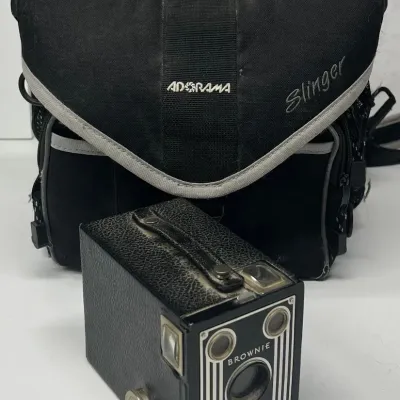 Vintage Brownie Target Six-20 Box Camera With Adorama Slinger Camera Bag ( As Is )