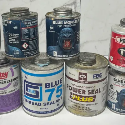 (7) Containers Of Pipe Sealant And Primer Cleaner - Blue Monster, Oatey, Spears, Whitlam