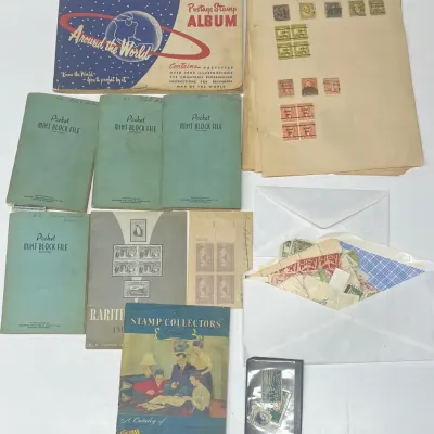 
Vintage Collectors Stamp Lot Including Partially Filled Stamp Books And Loose Stamps