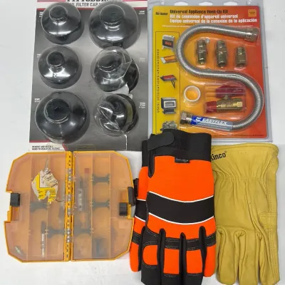 
DeWalt Bit Case, Universal Appliance Hook-up Kit, Pitsburgh Oil Filter Cap Wrench Set, Work Gloves