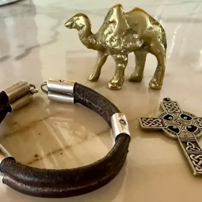 Vintage Leather And Silver Tone 7 Inch Bracelet - Pepi Large Celtic Cross Pendant & Brass Camel