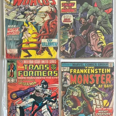 
Vintage Marvel Comics - War Of The Worlds 1973 21, Transformers 1985 3, Frankenstein 1974 14, Mystery