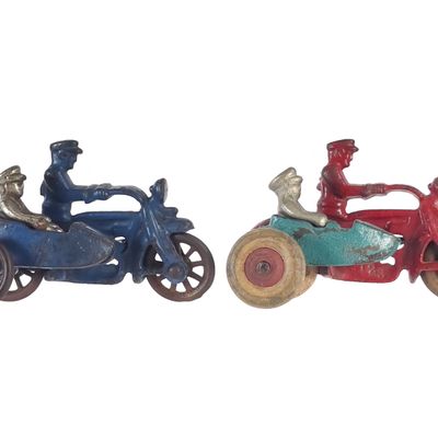 Sale Photo Thumbnail #404: (2) Hubley Cast Iron Cop with Sidecar Red & Blue