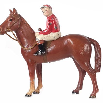 Sale Photo Thumbnail #483: Hubley Light Brown Horse with Red & White Jockey