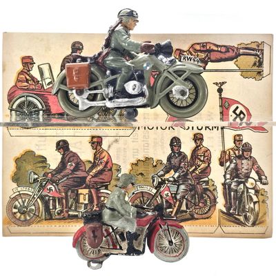 Sale Photo Thumbnail #12: (3) Elastolin/Lineol WWII German Soldiers on Motorcycle