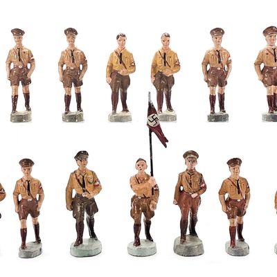 Sale Photo Thumbnail #105: (13) Elastolin Marching German Brownshirts with Flag Bearer