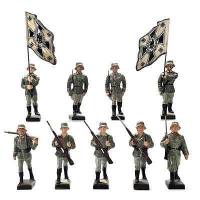 Sale Photo Thumbnail #194: (9) Lineol Marching German Infantry & Dual Standard Bearers