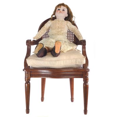 Sale Photo Thumbnail #643: ca. 1900s S&H Bisque Head Doll 24" Tall with Wicker Chair