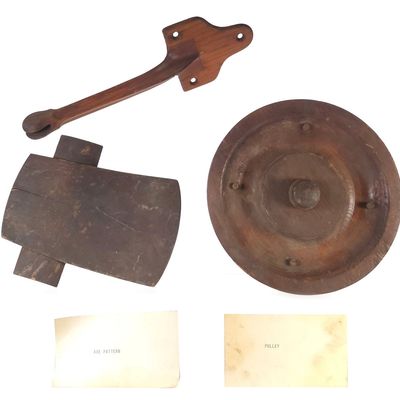 Sale Photo Thumbnail #524: J.&E. Stevens Hand-Carved Wooden Foundry Patterns Axe/Pulley/Lever Arm