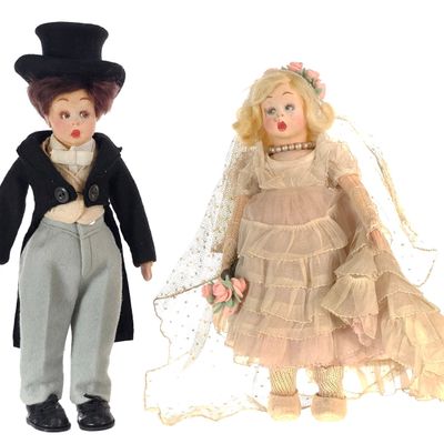 Sale Photo Thumbnail #635: (2) 1930s Lenci Bride & Groom Dolls NM in Boxes Rare
