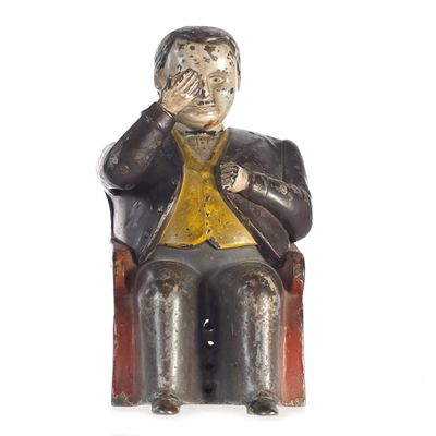 Sale Photo Thumbnail #516: J. & E. Stevens Co. Cast Iron No. 230 Tammany Bank "Little Fat Man" Mechanical Bank