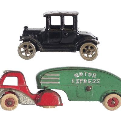 Sale Photo Thumbnail #591: (2) Hubley Cast Iron Moving Van & Black Coupe