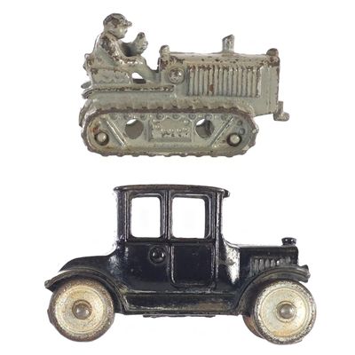 Sale Photo Thumbnail #596: (2) Hubley Cast Iron Monarch Tractor & Black Coupe