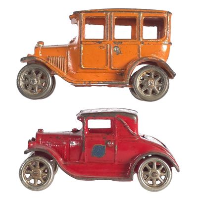 Sale Photo Thumbnail #561: (2) Arcade Cast Iron Red & Orange Cars