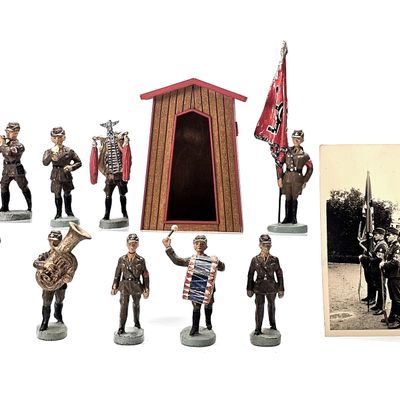 Sale Photo Thumbnail #240: (9) Elastolin German SA Military Band, Sentry Box & Period Postcard