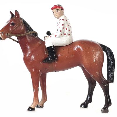Sale Photo Thumbnail #485: Hubley Caramel Thoroughbred Horse with White & Red Polka Dot Jockey