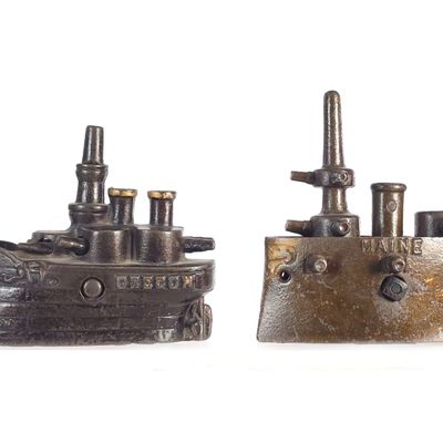 Sale Photo Thumbnail #519: (2) Grey Iron Maine & J.E. Stevens Oregon Battleship Banks