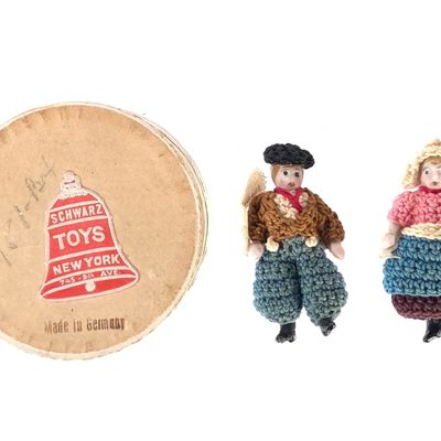 Sale Photo Thumbnail #639: 1.5" Tiny Bisque Dolls with Kitted Outfits MIB FAO Schwarz