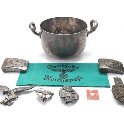 Sale Photo Thumbnail #326: (7) German WWII Military Field Gear, Insignia & Hepp Silverware Bowl
