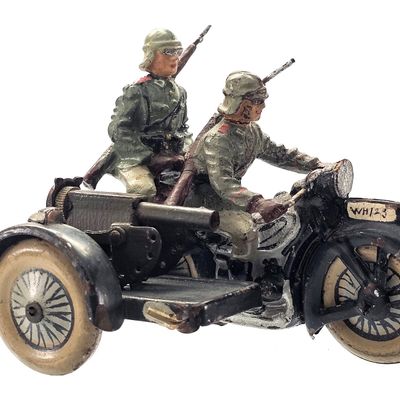 Sale Photo Thumbnail #9: (2) Elastolin/Lineol WWII German Soldiers on Motorcycle with Sidecar & Cannon Gun Mortar