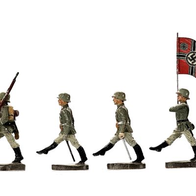 Sale Photo Thumbnail #84: (4) Elastolin WWII Marching German Soldiers with Flag Bearer