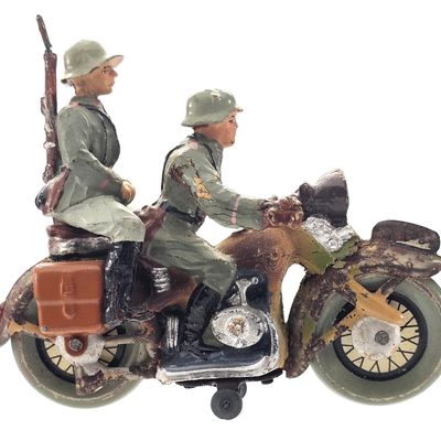 Sale Photo Thumbnail #5: (2) Elastolin/Lineol WWII German Soldier on Motorcycle with Passenger