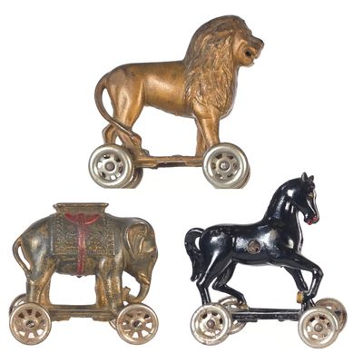 Sale Photo Thumbnail #496: (3) A.C. Williams Cast Iron Animals on Wheels